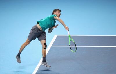 LONDON, ENGLAND - NOVEMBER 17:  David Goffin of Belgium serves in his Singles match against Dominic Thiem of Austria during day six of the Nitto ATP World Tour Finals at O2 Arena on November 17, 2017 in London, England.  (Photo by Julian Finney/Getty Images)