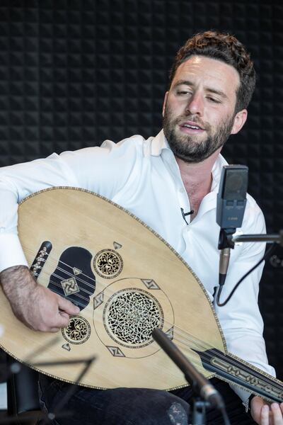 DUBAI, UNITED ARAB EMIRATES. 03 FEBRUARY 2021. Faraj Abyad performs in studio at The National headqauters in Abu Dhabi. (Photo: Antonie Robertson/The National) Journalist: Razmig Bedirian. Section: National.