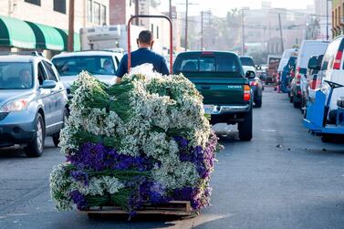 A US worker moves flowers at in downtown Los Angeles, California, after its reopening amid the Covid-19 pandemic. New US claims for unemployment benefits showed the coronavirus pandemic continues to destroy jobs. AFP