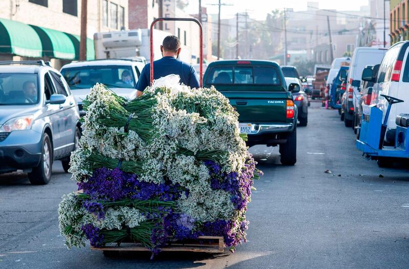 (FILES) In this file photo taken on May 08, 2020, a worker moves flowers at the flower market in downtown Los Angeles, California, after its reopening amid the COVID-19 pandemic. New US claims for unemployment benefit continued to slow in the latest week but at 2.98 million showed the coronavirus pandemic continues to destroy jobs, according to government data released on May 14, 2020. The number of people filing for jobless benefits for the first time in the week ended May 9 decreased about 200,000 from the previous week, the Labor Department said, but that was higher than analysts expected and remained well above any week prior to the pandemic. / AFP / VALERIE MACON
