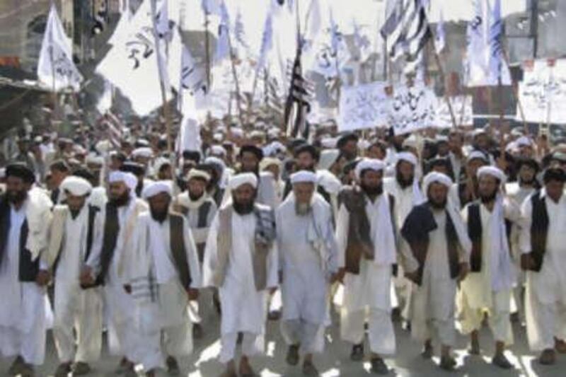 Supporters of a Pakistani Islamic group Jamiat Ullama-e-Islam hold a rally against military operation in tribal areas and demanding to improve country's law and order sitiation.