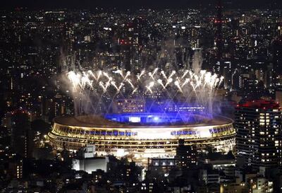 Fireworks soaring above the National Stadium during the closing ceremony of the Tokyo Olympics in 2021. Getty Images