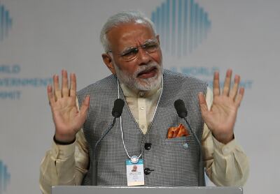 Indian Prime Minister Narendra Modi gives a speech at the World Government Summit in Dubai, United Arab Emirates, Sunday, Feb. 11, 2018. (AP Photo/Kamran Jebreili)