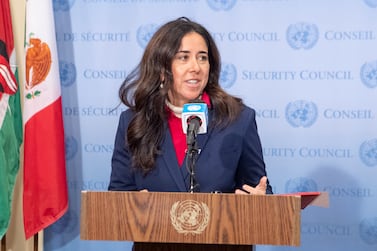 In this image provided United Nations Photo, United Arab Emirates (UAE) Ambassador Lana Zaki Nusseibeh, speaks during a flag installation ceremony for new members of the United Nations Security Council, Tuesday, Jan.  4, 2022, at U. N.  headquarters.  UAE, Albania, Brazil, Gabon and Ghana were elected as the five non-permanent member nations to the Council for the term 2022-2023.  (Eskinder Debebe / United Nations Photo via AP)