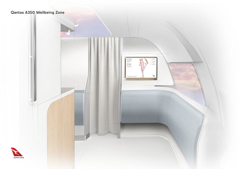 A wellbeing zone in front of the economy cabin is designed as a place for passengers to stretch, move and hydrate. Photo: Qantas
