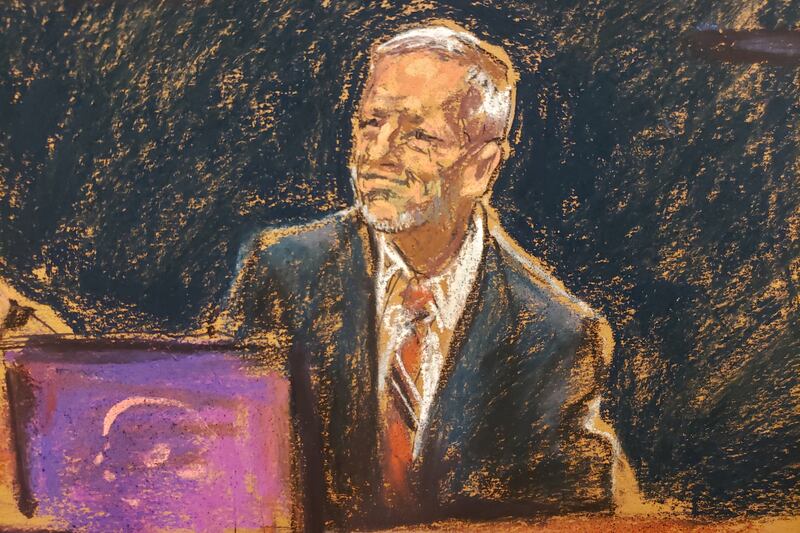 In a courtroom sketch, Lawrence Visoski, long-time pilot of Jeffrey Epstein, gives evidence during the New York trial of Ghislaine Maxwell, the Epstein associate accused of sex trafficking. Reuters