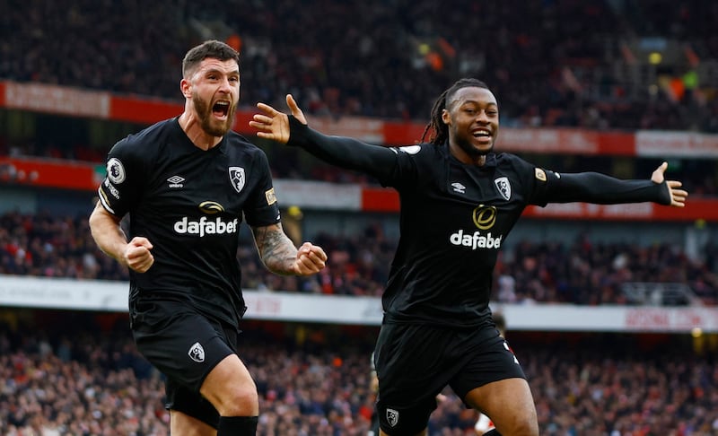 Bournemouth's Marcos Senesi celebrates with Antoine Semenyo after scoring their second goal. Reuters