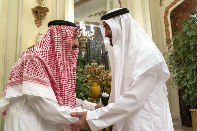 RIYADH, SAUDI ARABIA - April 16, 2019: HH Sheikh Mohamed bin Zayed Al Nahyan, Crown Prince of Abu Dhabi and Deputy Supreme Commander of the UAE Armed Forces (R) greets HM King Salman Bin Abdulaziz Al Saud of Saudi Arabia and Custodian of the Two Holy Mosques (L), at Irqah Palace.

( Mohamed Al Hammadi / Ministry of Presidential Affairs )
---