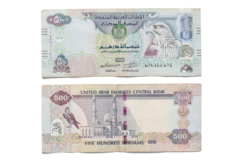 DUBAI, UNITED ARAB EMIRATES. 12 APRIL 2021. United Arab Emirates currency, UAE Money. Five hundred Dirham bank note, 500 aed.(Photo: Antonie Robertson/The National) Journalist: Juman Jarallah. Section: National.