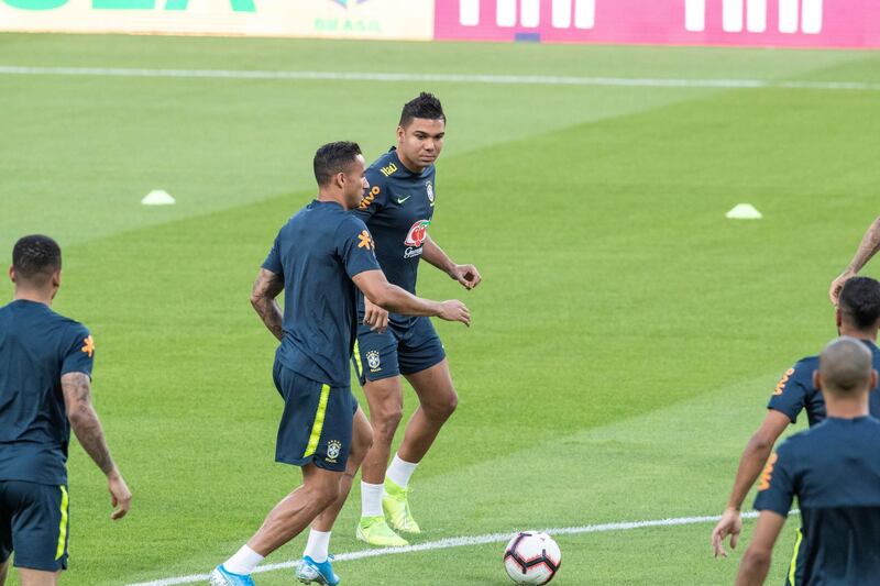 ABU DHABI, UNITED ARAB EMIRATES. 18 November 2019. The Brazil national football team practise at Zayed Stadium ahead of their game tomorrow against Korea. (Photo: Antonie Robertson/The National) Journalist: Amith Pasella Section: Sport.
