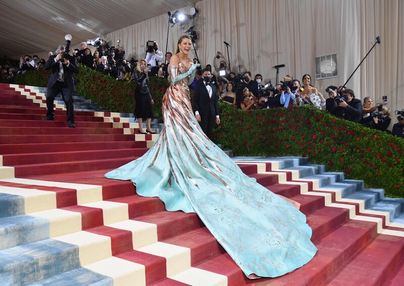 Blake Lively in a colour-changing gown by Atelier Versace gown for the 2022 Met Gala. Getty Images

