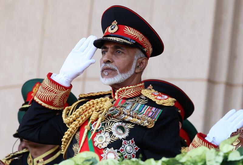 (FILES) In this file photo taken on November 29, 2010, Oman’s Sultan Qaboos bin Said salutes at the start of a military parade at a stadium in Muscat on the occasion of the Sultanate's 40th National Day. Sultan Qaboos, who ruled Oman for almost half a century, has died at the age of 79, the Omani news agency said January 11, 2020. Qaboos, the longest ruling Arab monarch, had been ill for some time and had been believed to be suffering from colon cancer. / AFP / MOHAMMED MAHJOUB
