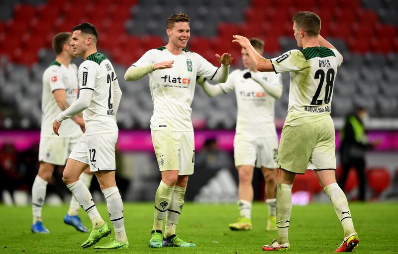 Nico Elvedi of Borussia Monchengladbach celebrates after the 2-1 win against Bayern Munich at Allianz Arena on January 07, 2022. Getty