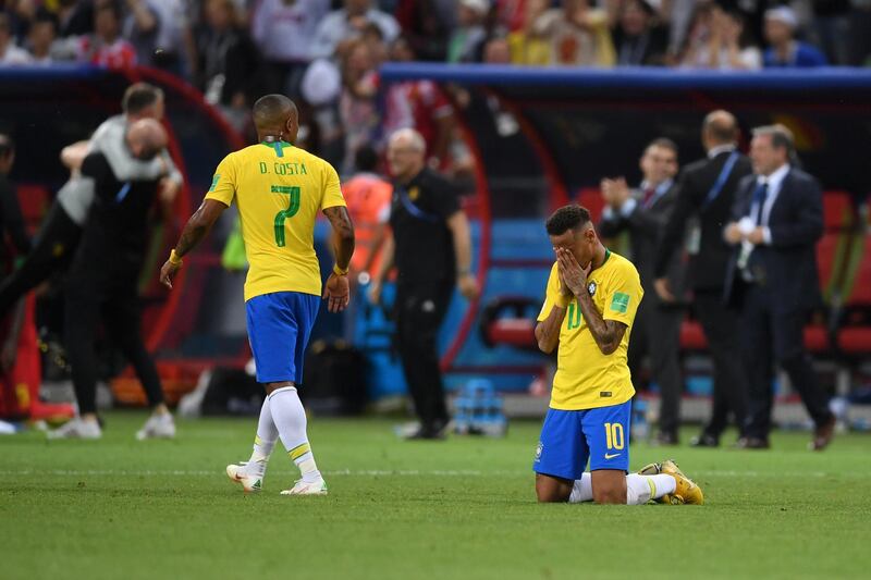 KAZAN, RUSSIA - JULY 06:  Neymar Jr of Brazil looks dejected following his sides defeat in the 2018 FIFA World Cup Russia Quarter Final match between Brazil and Belgium at Kazan Arena on July 6, 2018 in Kazan, Russia.  (Photo by Laurence Griffiths/Getty Images)