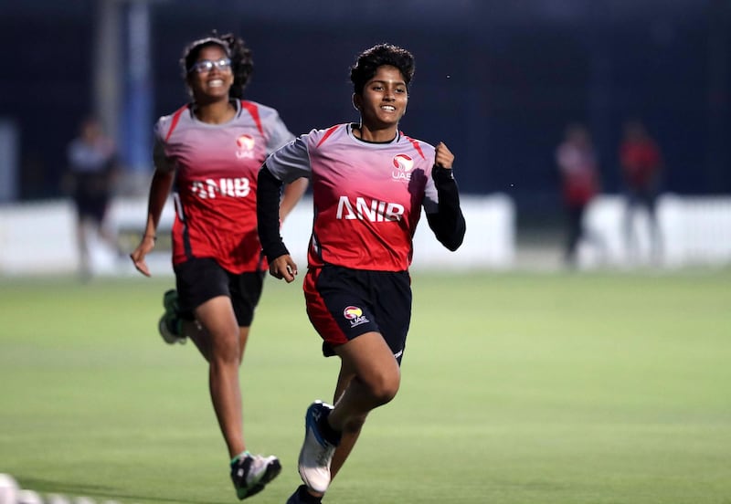 Dubai, United Arab Emirates - Reporter: Paul Radley. Sport. Theertha Satish warms up. UAE's leading women's players training before their T10 exhibition match next week. Wednesday, March 31st, 2021. Dubai. Chris Whiteoak / The National