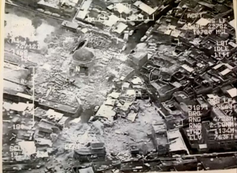 A still image taken from video shows the destroyed Grand Al Nuri mosque of Mosul in Iraq on June 21, 2017. Iraqi military handout via Reuter