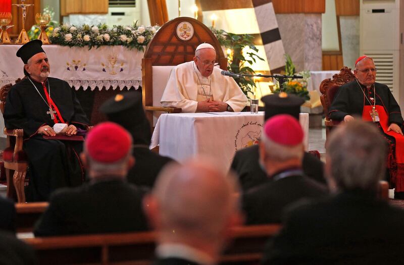 Pope Francis speaks in the Our Lady of Salvation Church. AFP