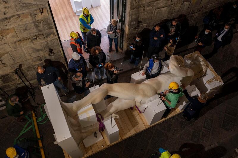 The statue, which is a replica of the masterpiece at the Academy Gallery in Florence, will be the striking centrepiece of Italy's pavilion when Expo opens later this year.  EPA