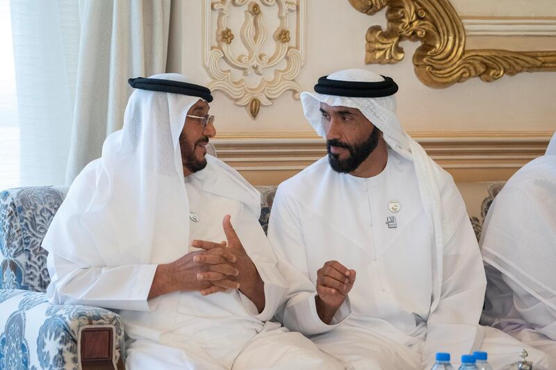 ABU DHABI, UNITED ARAB EMIRATES - July 15, 2019: HH Sheikh Nahyan Bin Zayed Al Nahyan, Chairman of the Board of Trustees of Zayed bin Sultan Al Nahyan Charitable and Humanitarian Foundation (R) and HH Sheikh Mohamed bin Butti Al Hamed (L), attend a Sea Palace barza. 

( Mohamed Al Hammadi / Ministry of Presidential Affairs )
---