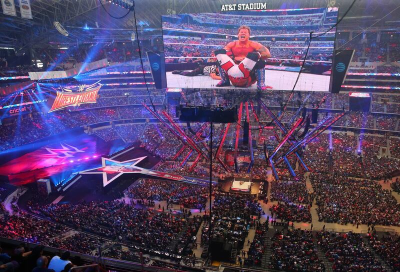 A record crowd attends Wrestlemania 32 at AT&T Stadium in Arlington, Texas, Sunday, April 3, 2016. (Richard W. Rodriguez/Star-Telegram via AP)