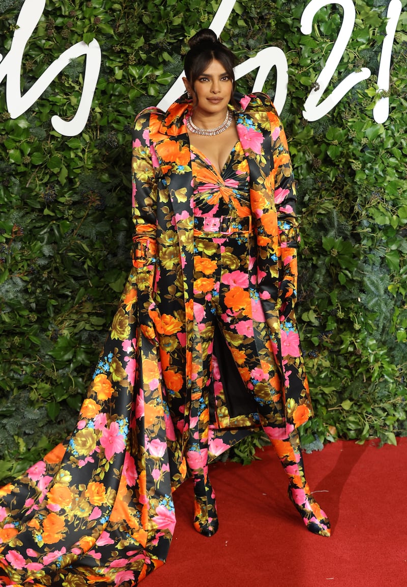 Priyanka Chopra arrives in custom Richard Quinn for the Fashion Awards 2021 at the Royal Albert Hall in London, on November 29, 2021. EPA