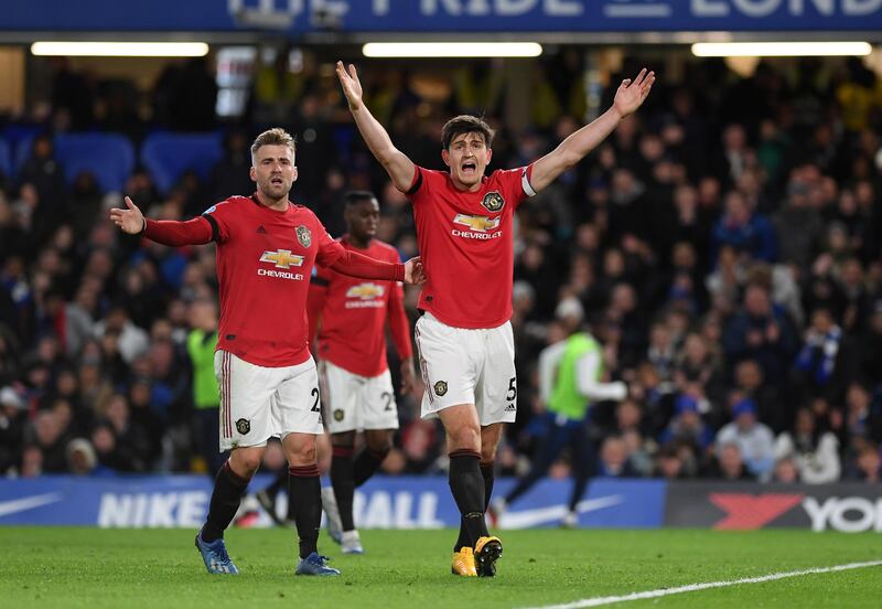 Manchester United defender  Harry Maguire, right, during their 2-0 victory at Chelsea in February, the third win for United against the Blues this season. Getty