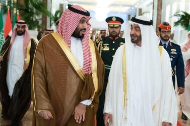 Sheikh Mohamed bin Zayed, Crown Prince of Abu Dhabi and Deputy Supreme Commander of the Armed Forces,​​​​​​ welcomes Saudi Arabia’s Crown Prince Mohammed bin Salman. Hamad Al Kaabi / Ministry of Presidential Affairs