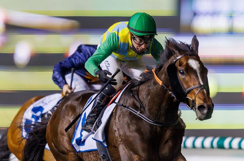 Tadhg O’Shea on Law Of Peace winning the Graduate Stakes at Meydan in 2022. Photo: DHRIC