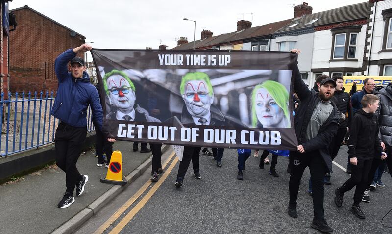 Everton fans stage a protest against the club board. EPA
