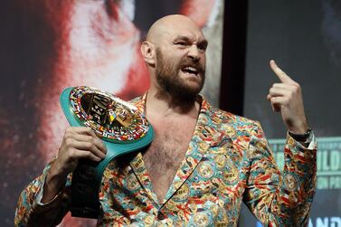 LAS VEGAS, NEVADA - OCTOBER 06: WBC heavyweight champion Tyson Fury gestures during a news conference at MGM Grand Garden Arena on October 6, 2021 in Las Vegas, Nevada.  Fury will defend his title against Deontay Wilder on October 9 at T-Mobile Arena in Las Vegas.    Ethan Miller / Getty Images / AFP
