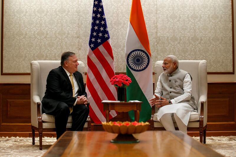 Mike Pompeo enters the room to meet with Indian Prime Minister Narendra Modi, at the Prime Minister's Residence.  Reuters