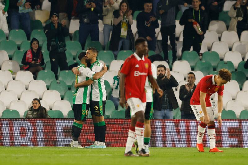 Nabil Fekir celebrates scoring for Real Betis first goal with Borja Iglesias. Reuters