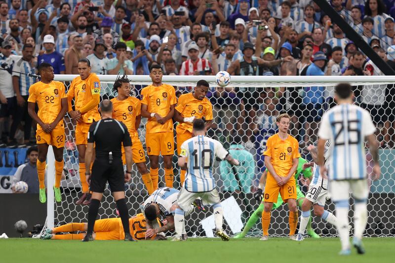 Lionel Messi of Argentina curls a free-kick over the bar. Getty