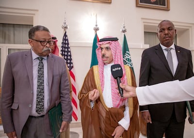Saudi Foreign Minister Prince Faisal bin Farhan with representatives of the Sudanese army and Rapid Support forces in Jeddah. Photo: Saudi Press Agency