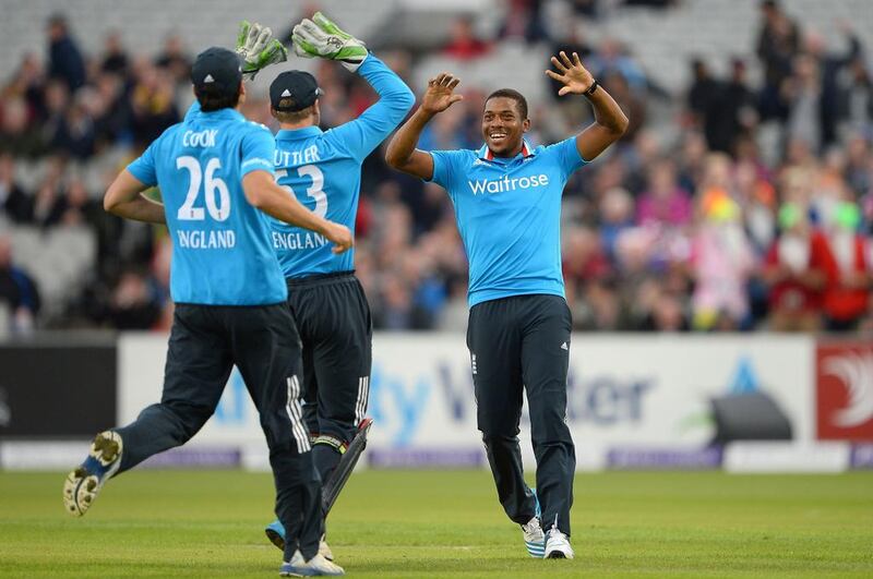 Chris Jordan celebrates the wicket of Sri Lanka's Nuwan Kulasekara at Old Trafford. Andrew Yates / AFP / May 28, 2014