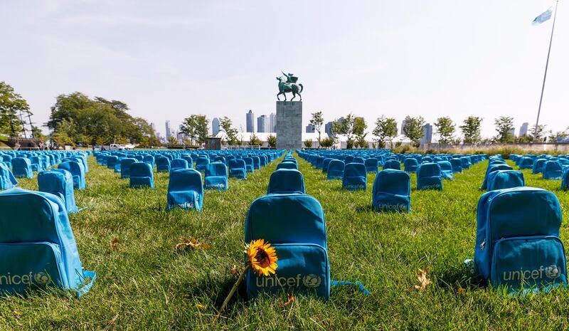 A view of 3,758 school backpacks assembled by UNICEF as an installation on the North Lawn of United Nations headquarters to resemble gravestones as a reminder of the large number of children who were killed or injured in conflict zones, in New York, New York, USA.  EPA