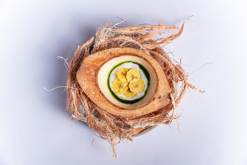 Raw banana varuval with coconut lassi and curry leaf chutney.