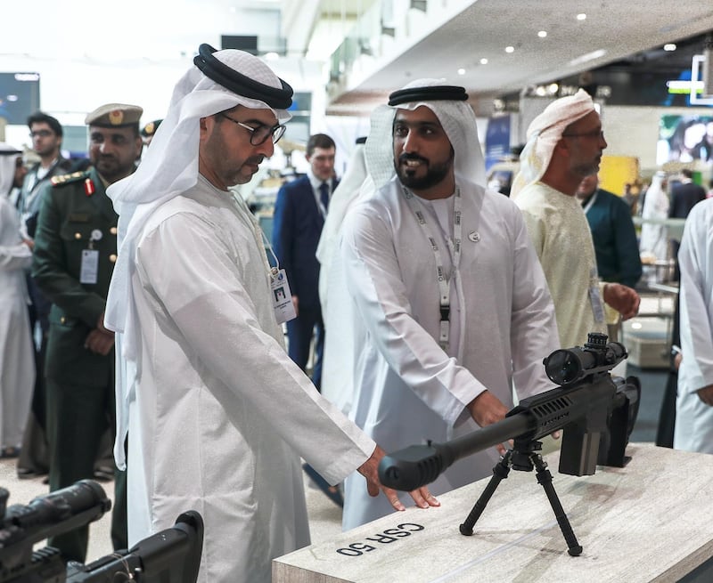 Abu Dhabi, U.A.E., February 20, 2019. INTERNATIONAL DEFENCE EXHIBITION AND CONFERENCE  2019 (IDEX) Day 4--  Colour images.--  H.H. Sheikh Hamed bin Zayed Al Nahyan visits the Caracal stand with EDIC's business development director Hamd Al Ameri.
Victor Besa/The National
Section:  NA