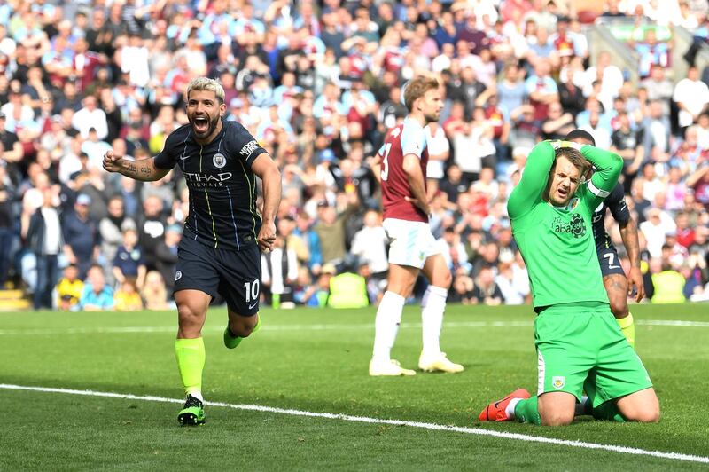 BURNLEY, ENGLAND - APRIL 28:  Sergio Aguero of Manchester City (10) celebrates after scoring his team's first goal as Tom Heaton of Burnley reacts during the Premier League match between Burnley FC and Manchester City at Turf Moor on April 28, 2019 in Burnley, United Kingdom. (Photo by Michael Regan/Getty Images)