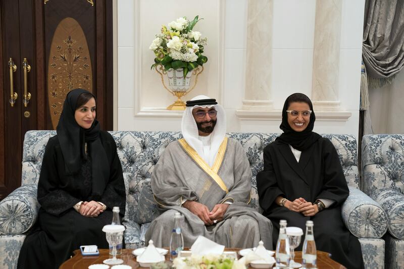 ABU DHABI, UNITED ARAB EMIRATES - October 31, 2017: HE Jameela Salem Al Muhairi, UAE Minister of State for Public Education Affairs (L), HE Mohamed Ahmad Al Bowardi, UAE Minister of State for Defence Affairs (C) and  HE Noura Mohamed Al Kaabi, UAE Minister of Culture and Knowledge Development (R), attend a swearing-in ceremony for newly appointed ministers, at Mushrif Palace.

( Hamad Al Kaabi / Crown Prince Court - Abu Dhabi )
---