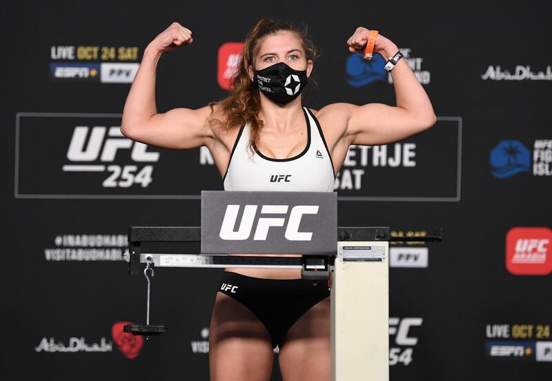 ABU DHABI, UNITED ARAB EMIRATES - OCTOBER 23: Miranda Maverick poses on the scale during the UFC 254 weigh-in on October 23, 2020 on UFC Fight Island, Abu Dhabi, United Arab Emirates. (Photo by Josh Hedges/Zuffa LLC)