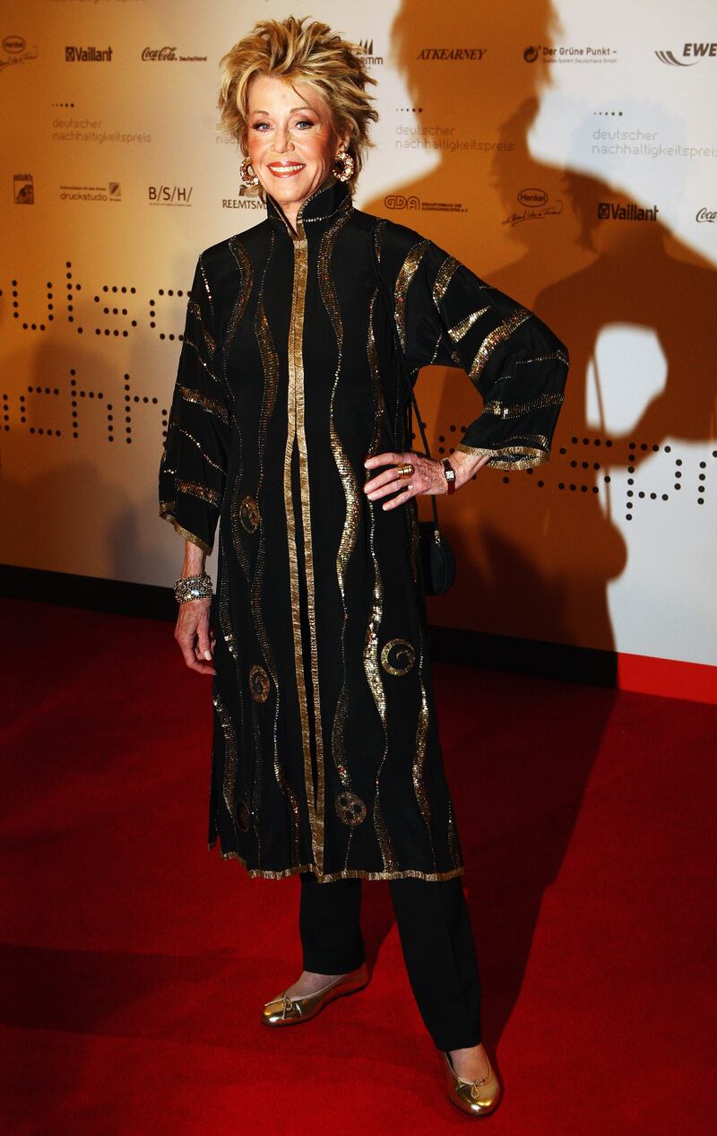 Jane Fonda, wearing a gold sequinned black dress coat, arrives at the German Sustainability Award 2009 prize-giving ceremony at Maritim Hotel in Duesseldorf, Germany, on November 6, 2009