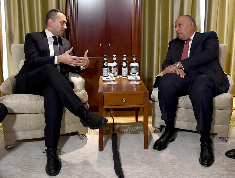 epa08140275 Italian Minister for Foreign Affairs Luigi Di Maio (L) and Egyptian Minister for Foreign Affairs Sameh Shoukry (R) during their meeting in Berlin, Germany, 19 January 2020, on the sidelines of the International Libya Conference. The summit, which takes place in Berlin and sees the participation of various world leaders, including Internationally-recognized Prime Minister Fayez al-Serraj and renegade General Khalifa Haftar, will try to begin a process to reconcile the two Libyan rival leaders.  EPA/ETTORE FERRARI