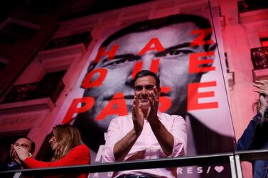 Spanish Prime Minister and Secretary General of Spanish Socialist Workers' Party (PSOE), Pedro Sanchez, gestures to supporters after winning the general elections at the Socialist Party headquarter in Madrid, Spain, 28 April 2019. Nearly 36.9 million people were called to vote in the third Spanish general elections in four years. EPA
