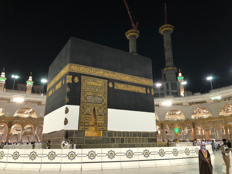 The Kaaba, the sacred cube-shaped structure at the centre of the Grand Mosque.