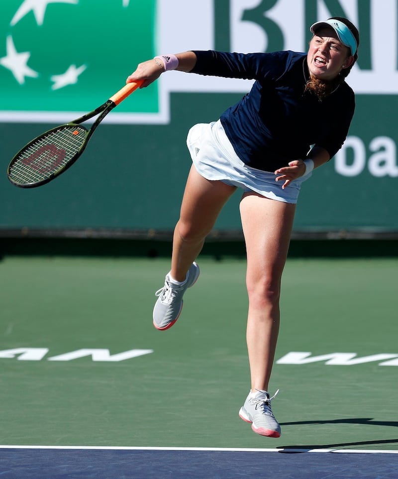 Jelena Ostapenko of Latvia in action against China's Shuai Zhang at Indian Wells. EPA