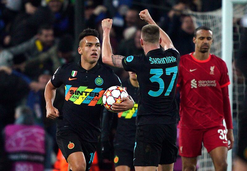 Inter Milan's Lautaro Martinez celebrates scoring their first goal. PA