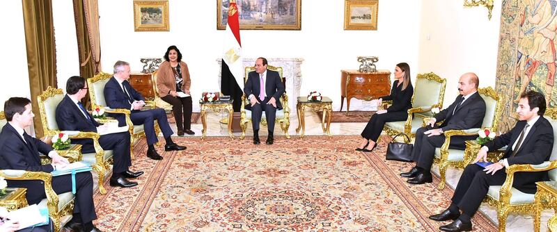 Egypt's President Abdel Fattah al-Sisi meets with French Finance Minister Bruno Le Maire and Egypt's Minister of Investment and International Cooperation Sahar Nasr at the Ittihadiya presidential palace in Cairo, Egypt. Reuters