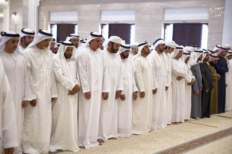 AL AIN, ABU DHABI, UNITED ARAB EMIRATES - January 28, 2018: (L-R) HH Lt General Sheikh Saif bin Zayed Al Nahyan, UAE Deputy Prime Minister and Minister of Interior, HH Sheikh Khalifa bin Saif bin Mohamed Al Nahyan, Abdullah Saleh bin Badowah, HH Sheikh Mohamed bin Khalifa Al Nahyan, Abu Dhabi Executive Council Member, and other dignitaries, attend the funeral prayers of the late HH Sheikha Hessa bin Mohamed Al Nahyan, at Al Mutarad Grand Mosque.
( Mohamed Al Bloushi for Crown Prince Court - Abu Dhabi )
---