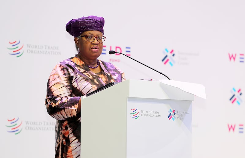Ngozi Okonjo-Iweala, director general of the World Trade Organisation, addresses the SheTrades Summit in Abu Dhabi on Saturday. Pawan Singh / The National